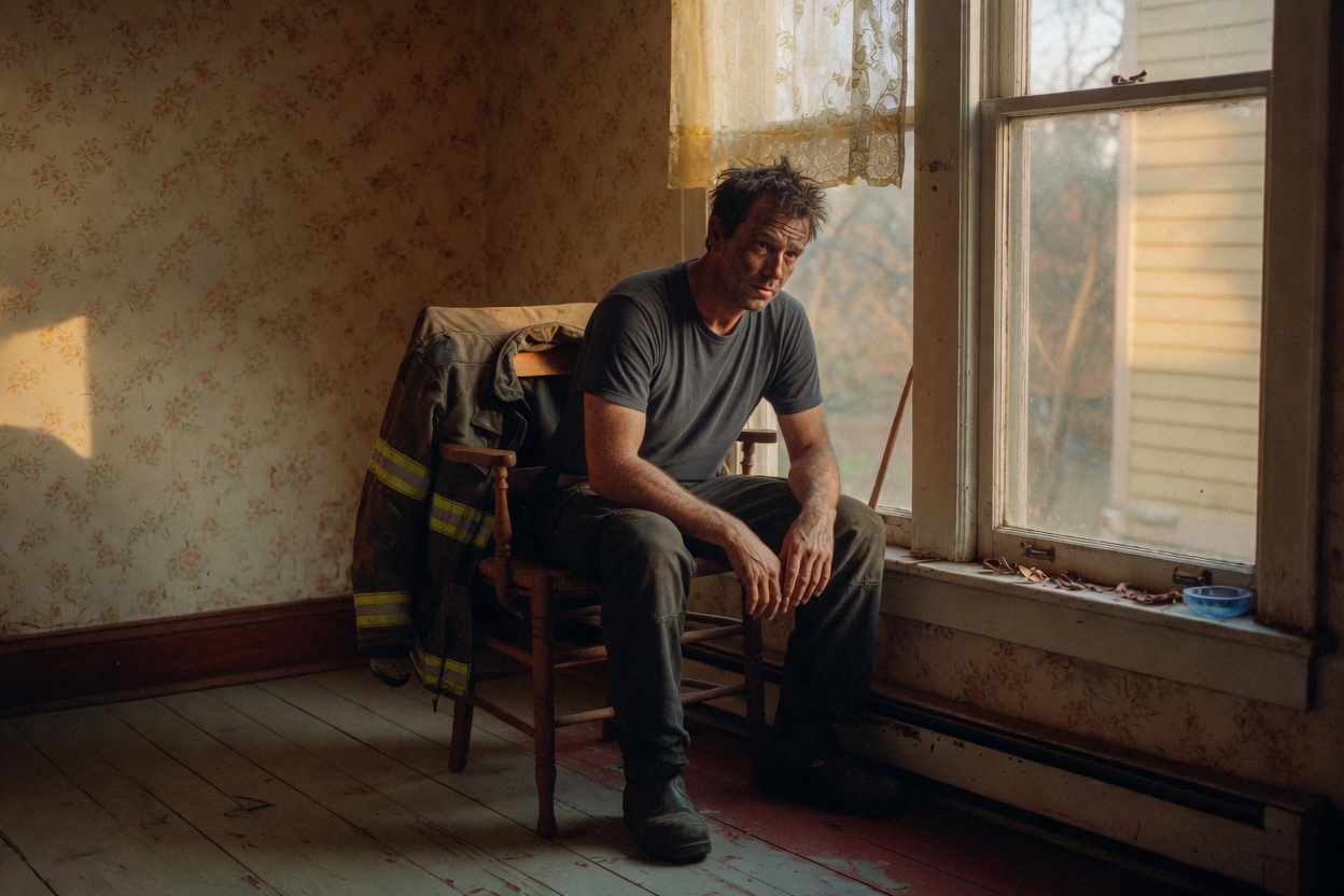 A firefighter just off shift, turnout coat on a chair, plain shirt, no department name