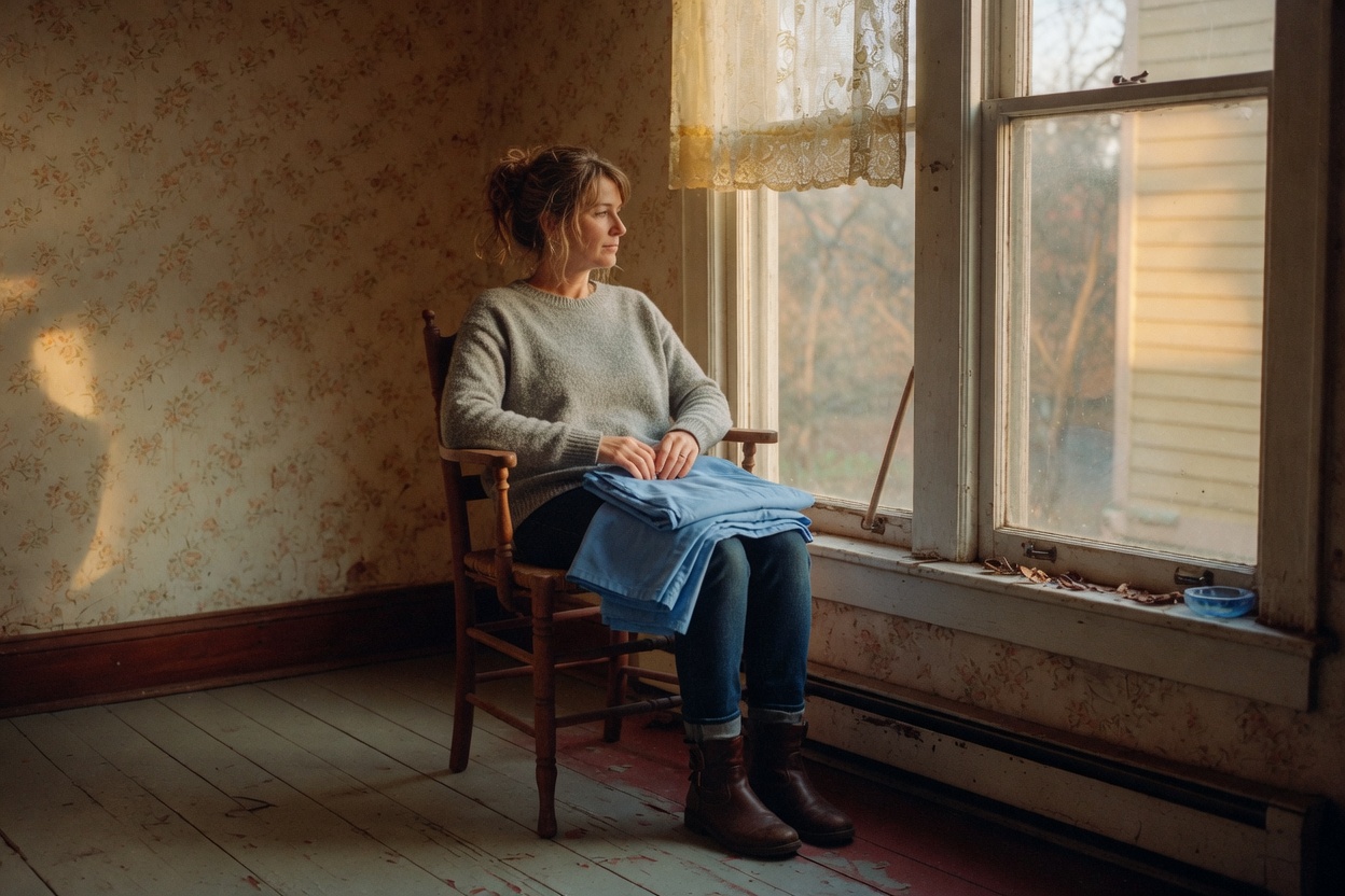 A nurse off shift in street clothes, scrubs folded on a chair