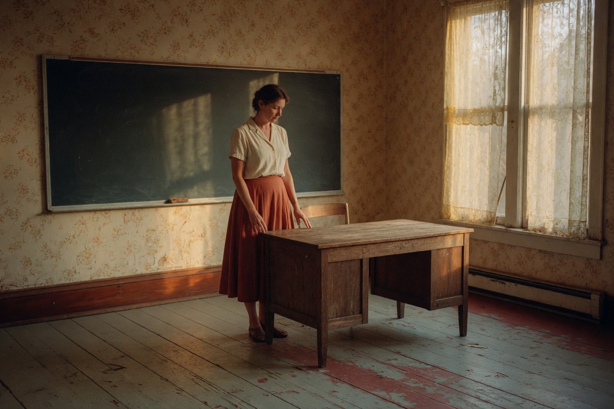 A teacher in an empty June classroom, no school name visible