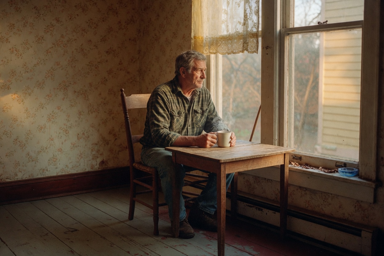 A veteran in civilian clothes at a kitchen table, no service seal